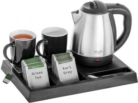 Set mirëseardhje me çajnik elektrik Adler AD 1354 1.2 L 1500 W inoks zi/çelik, set me tabaka dhe 2 filxhanë