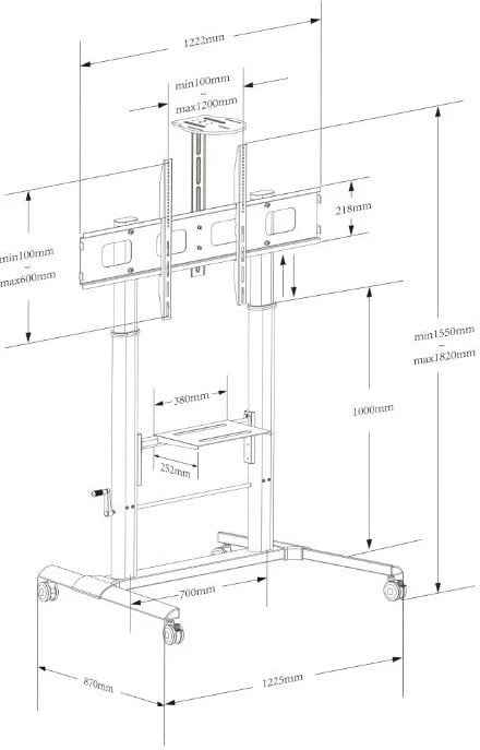 Karrocë mobile për tabela interaktive Techly 364491, për ekrane 52-110 inç, 120kg, e zezë