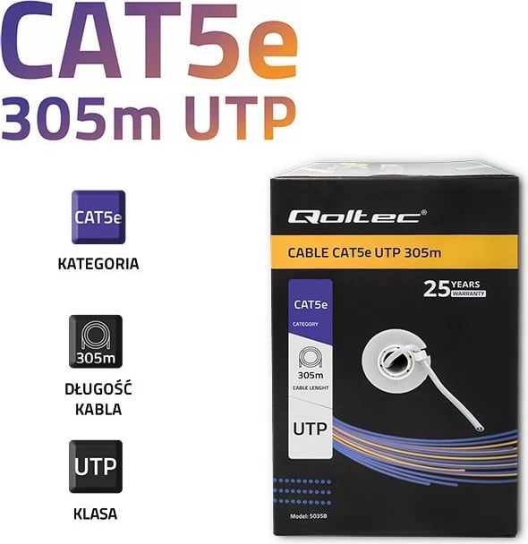 Kabllo rrjeti Qoltec CAT5E, 305m, Gri