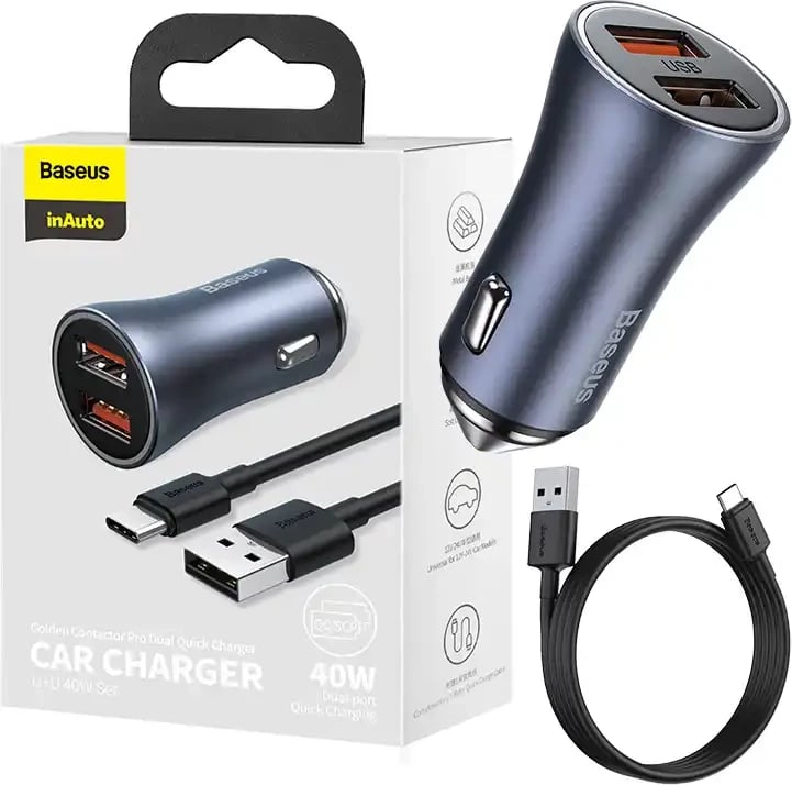 Karikues makinash Baseus Golden Contactor Pro, 2x USB, 40W, me kabllo USB në USB-C 1m, gri