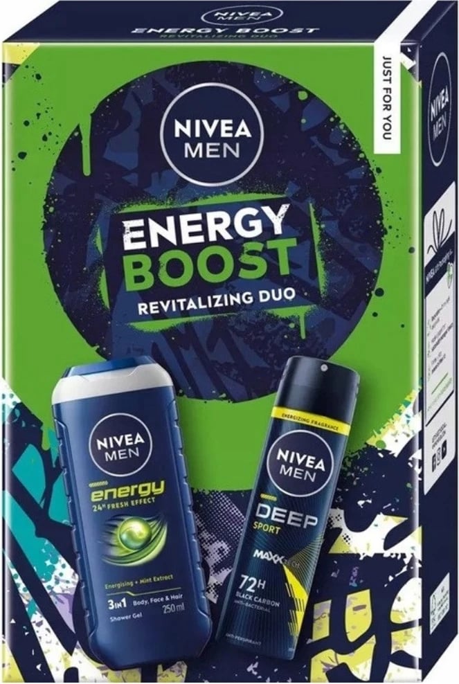 Set për meshkuj Nivea Energy Boost 3-in-1 xhel dushi 250ml + sprej antiperspirant 150ml