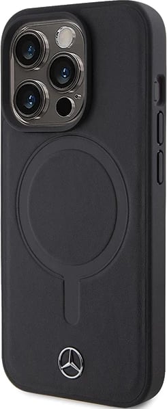 Mbështjellës Mercedes Smooth Leather MagSafe për iPhone 15 Pro, i zi