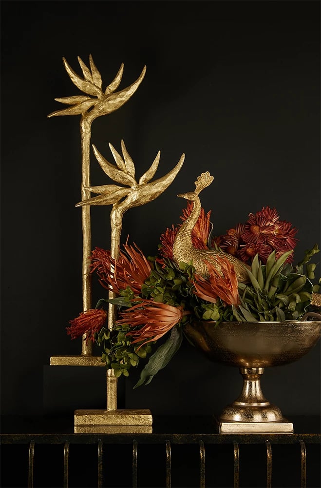 Dekor lule Paradise Bird, polirezine, ngjyrë ari, 23x9x75cm