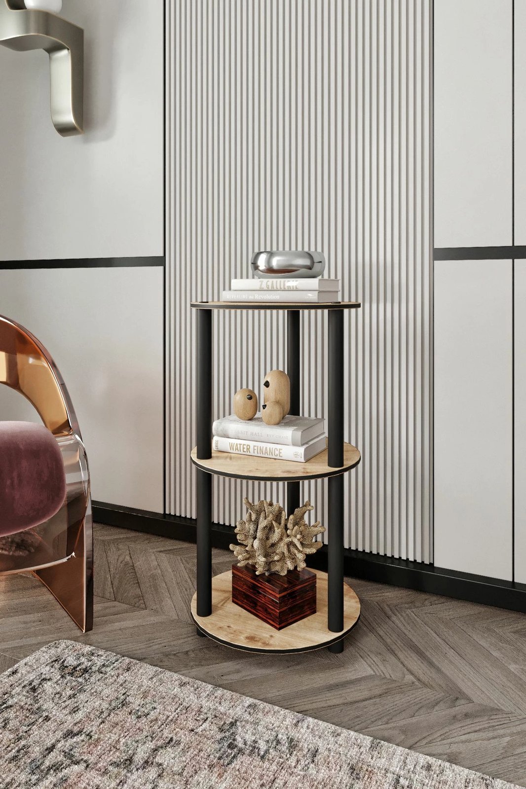 Raft librash Skye Decor, 3 nivele, i rrumbullakët, ngjyrë lisi