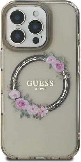 Mbështjellës Guess Flowers Wreath MagSafe për iPhone 16 Pro, 6.3", i zi Mbështjellës Guess Flowers Wreath MagSafe për iPhone 16 Pro, 6.3", i zi