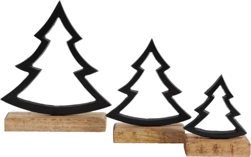 Dekor pemë Krishtlindjesh, alumin i zi, dru mango natyral, 20x6x24cm Dekor pemë Krishtlindjesh, alumin i zi, dru mango natyral, 20x6x24cm