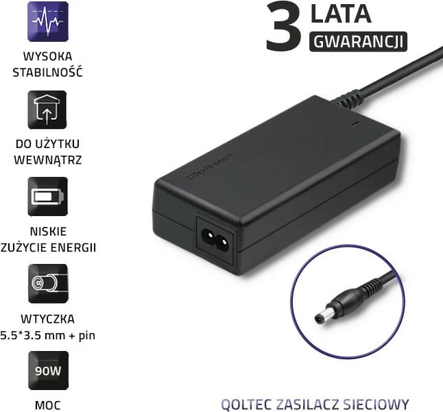 Adapter energjie për laptop Qoltec 50089.90W, 19V, 4.74A, për Samsung, i zi