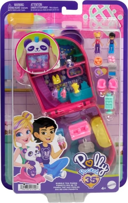 Set lodrash Polly Pocket Bubble Tea Panda Compact me 2 mini kukulla dhe 12 aksesorë, Rozë