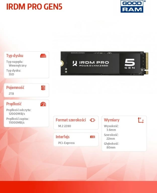 SSD GOODRAM IRDM PRO GEN5, 2TB, M.2 2280, PCIe 5.0 x4, i zi