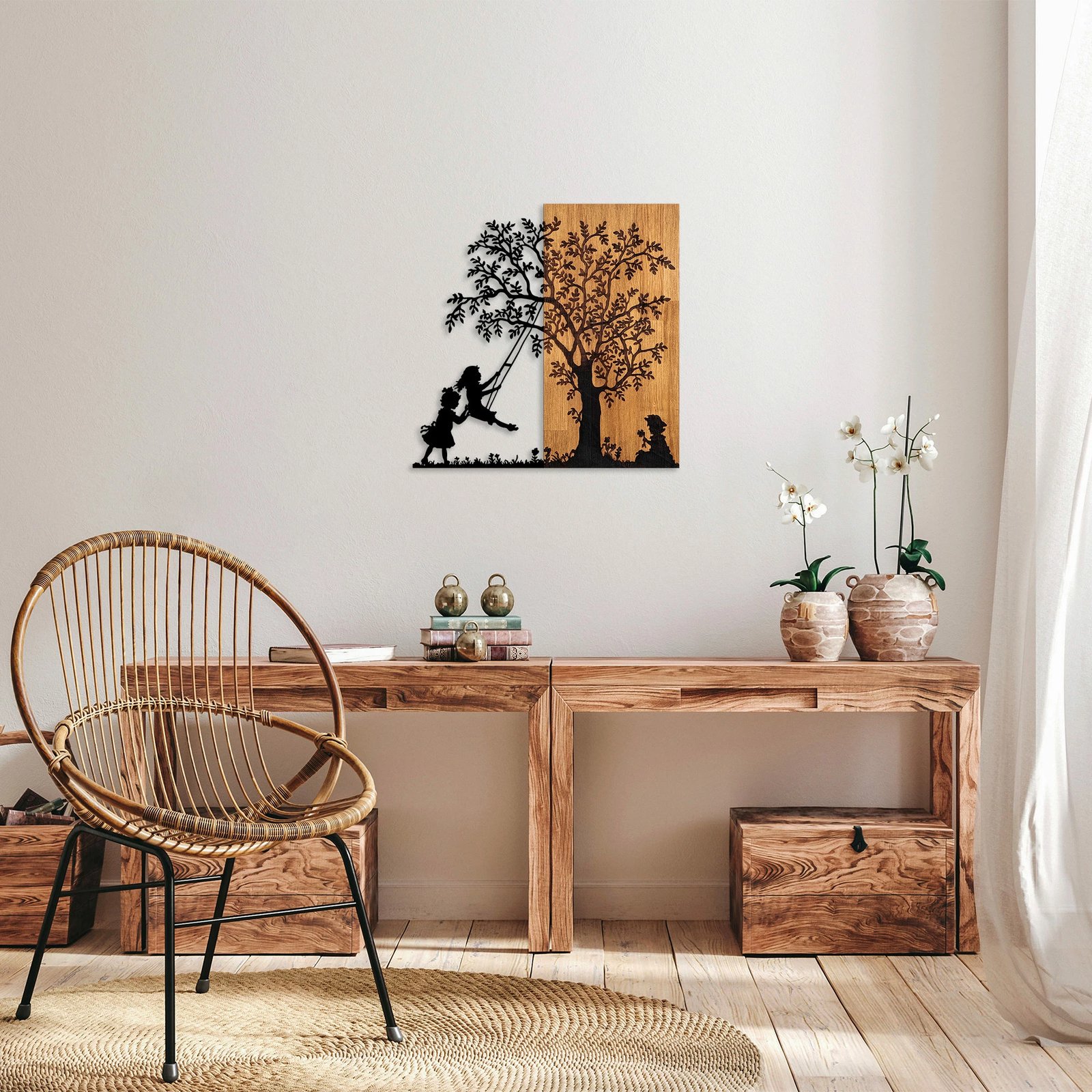 Aksesor dekorativ muri prej druri, Wallity, Pema dhe Fëmijët në lëkundje