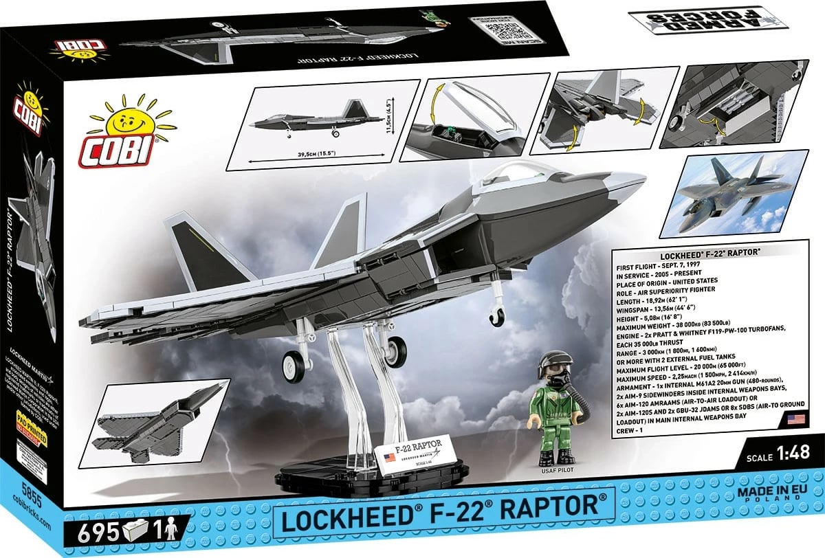 Set lodrash ndërtimi Cobi Klocki Armed Forces Lockheed F-22 Raptor, 695 pjesë, gri/zezë