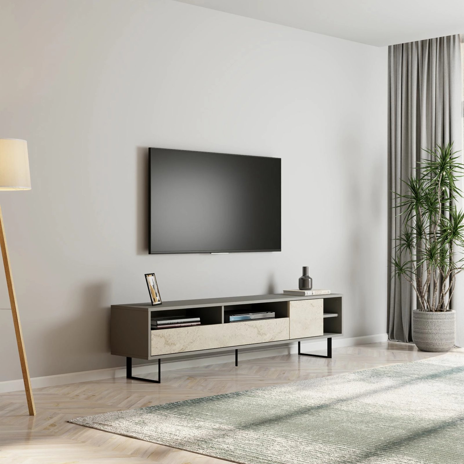 Komodë TV Skye Decor, ngjyrë gri, travertin