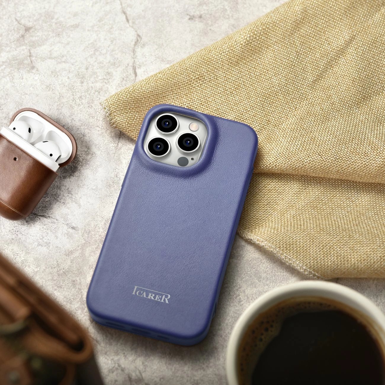 Mbështjellës iCarer CE Premium lëkure për iPhone 14 Pro Max, MagSafe, Vjollcë e lehtë