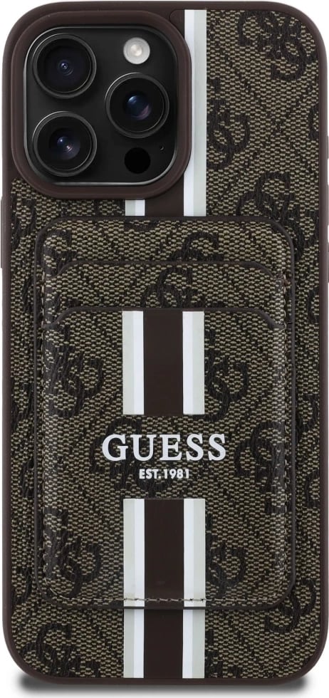 Mbështjellës Guess 4G Stripes me portofol MagSafe për iPhone 16 Pro Max, Kafe