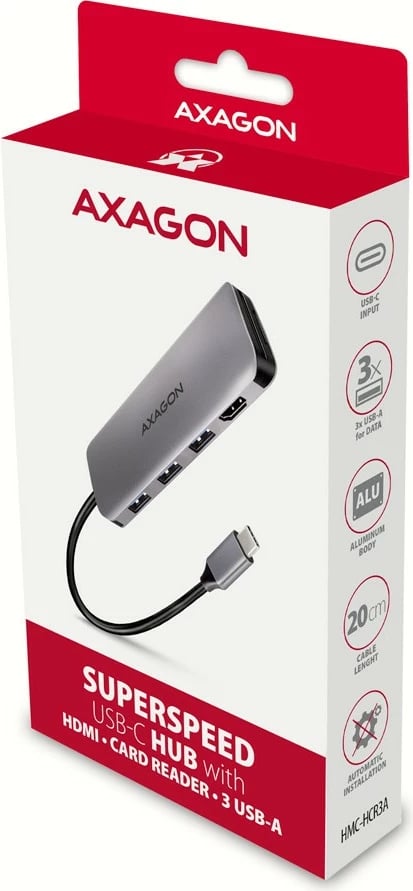 Kasë multiport AXAGON HMC-HCR3A, 3x USB-A, HDMI, SD/microSD, USB-C 3.2 Gen1, 20cm, Gri