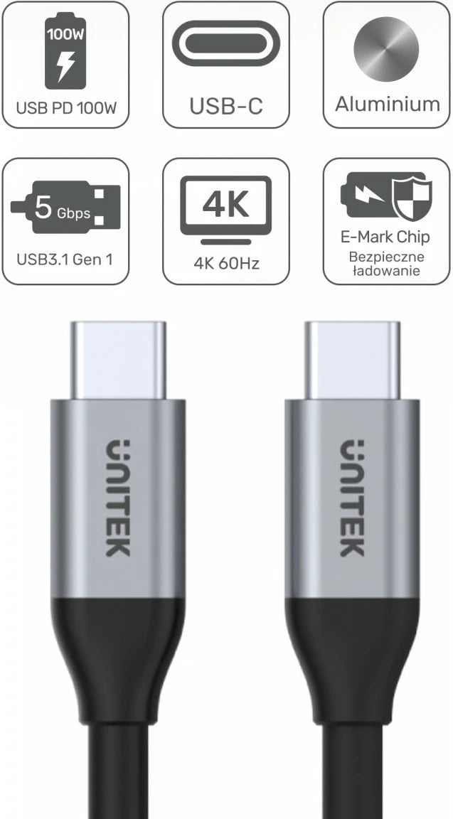 Kabllo USB-C në USB-C, Unitek C14091ABK, PD 100W 5Gbps 4K60Hz 2m, e zezë/gri Kabllo USB-C në USB-C, Unitek C14091ABK, PD 100W 5Gbps 4K60Hz 2m, e zezë/gri