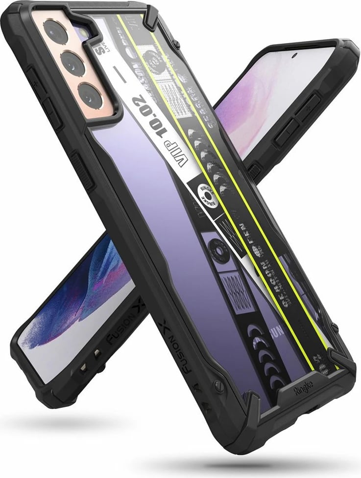 Mbështjellës Ringke Fusion X Design për Samsung Galaxy S21+ 5G, i zi, transparent, me detaje të verdha