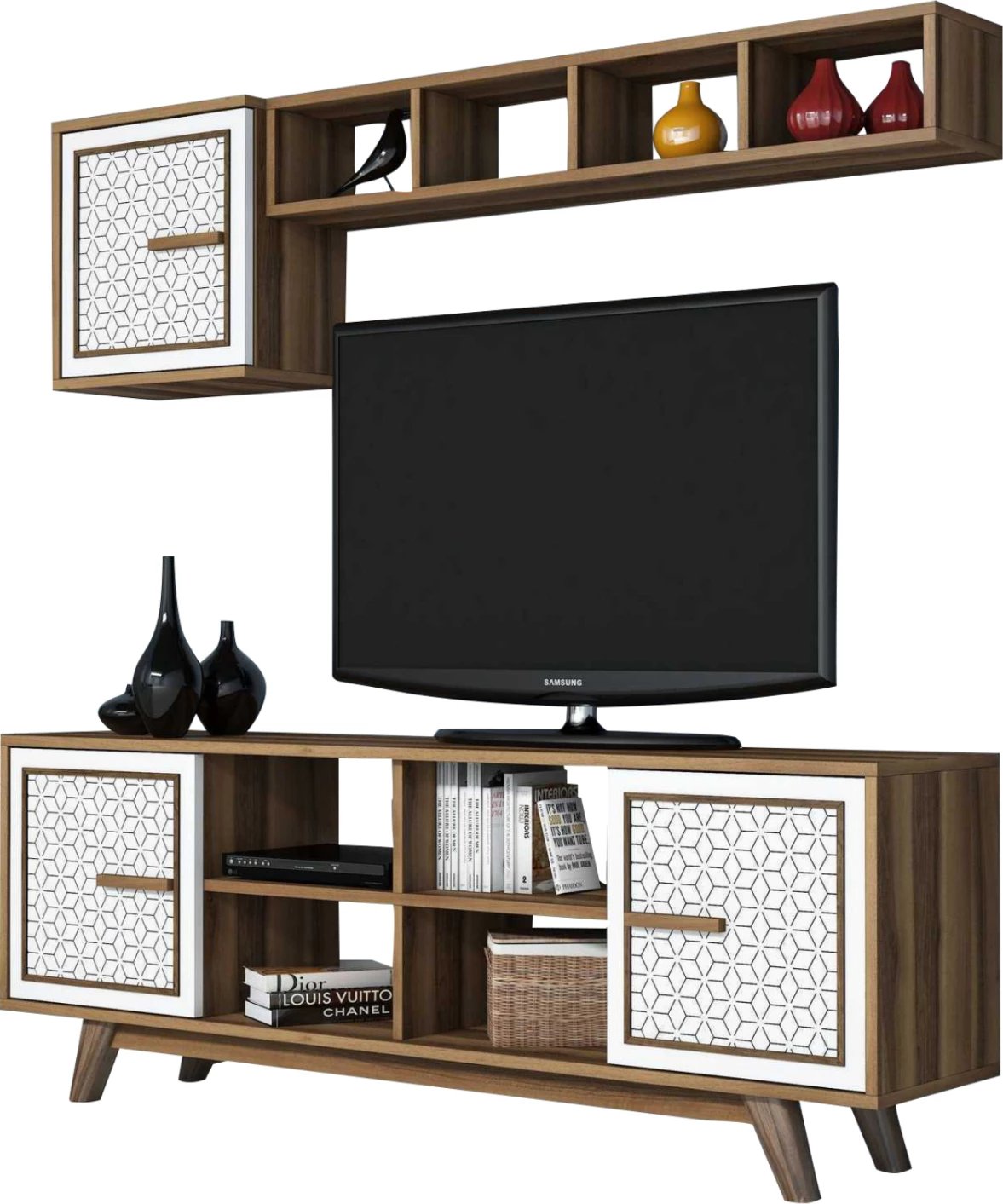 Komplet mobiljesh për TV, ngjyrë arre dhe e bardhë, FH9513.03, 160x35x56.2 cm