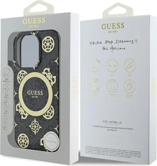 Mbështjellës Guess IML Peony On 4G Background MagSafe për iPhone 16 Pro, zi