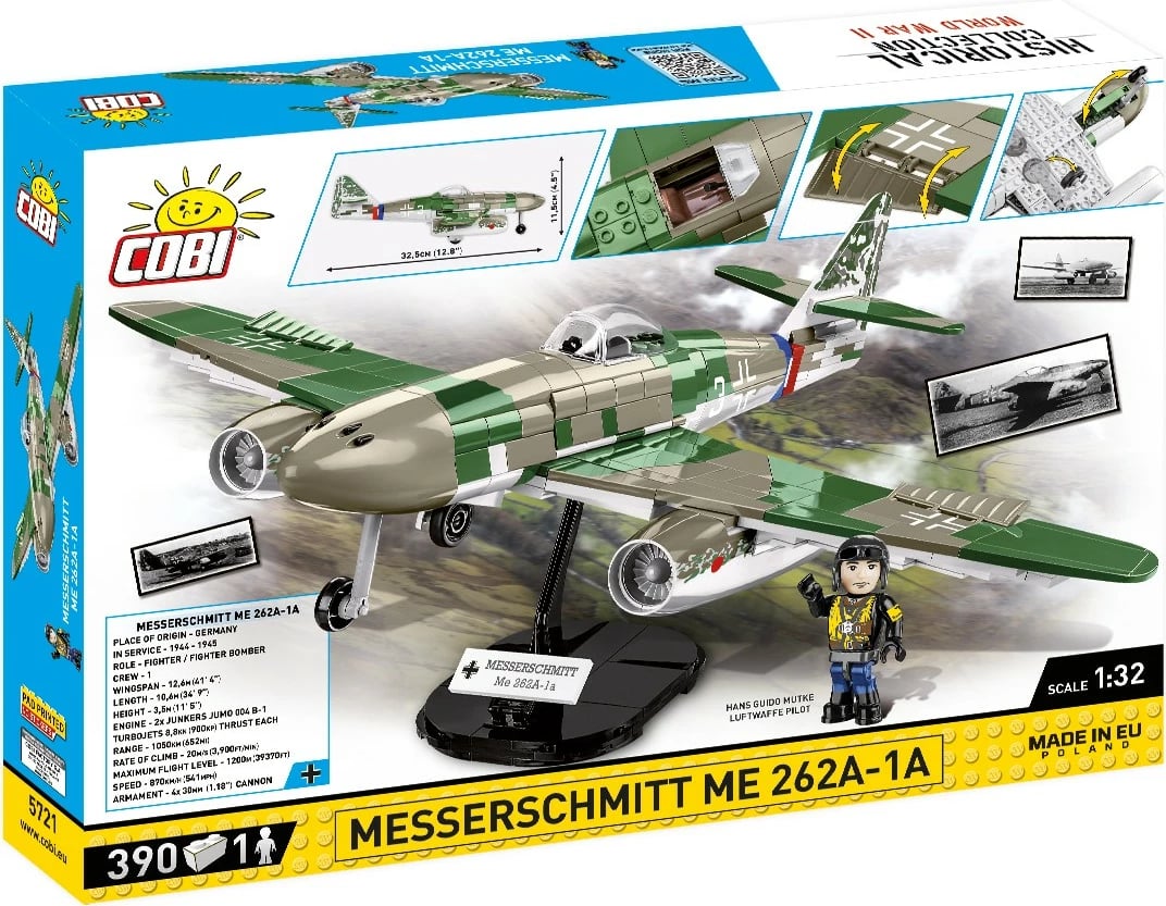 Set ndërtimi Cobi Klocki Messerschmitt Me262 A-1a, 390 pjesë, me figurë piloti, Jeshile/Gri Set ndërtimi Cobi Klocki Messerschmitt Me262 A-1a, 390 pjesë, me figurë piloti, Jeshile/Gri