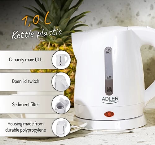Çajnik elektrik, Adler AD 1272, 1.0 L, 1350–1600W, plastikë, i bardhë