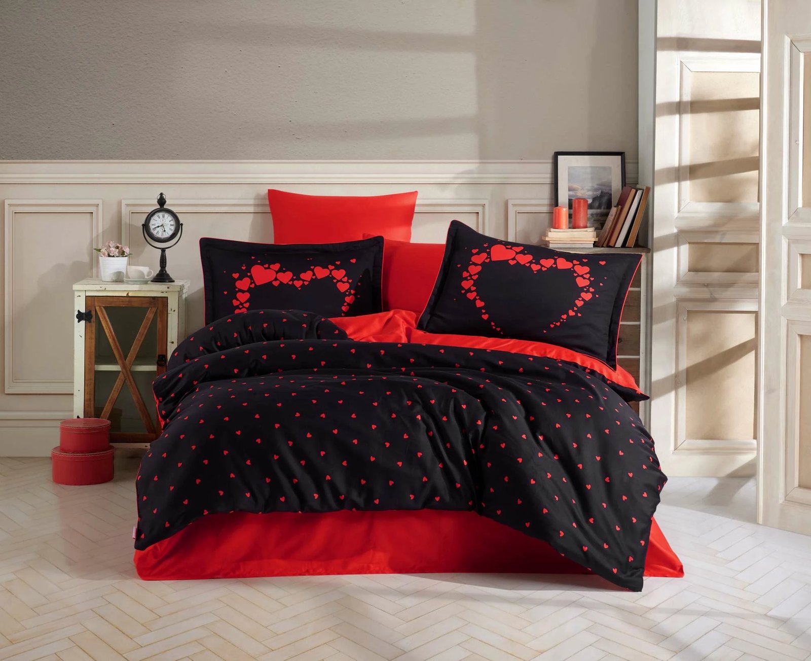 Set mbulesë për jorgan dopio, saten, Amore, e zezë e kuqe