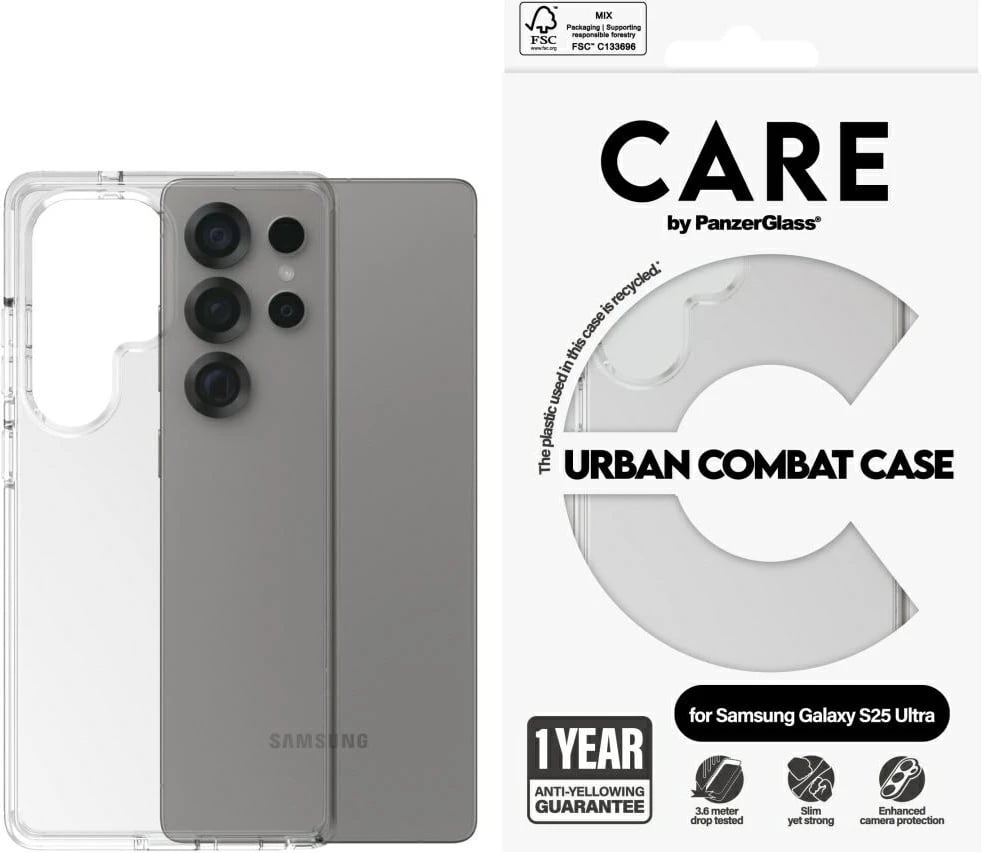 Mbështjellës PanzerGlass CARE Urban Combat Case për Samsung Galaxy S25 Ultra, Transparent