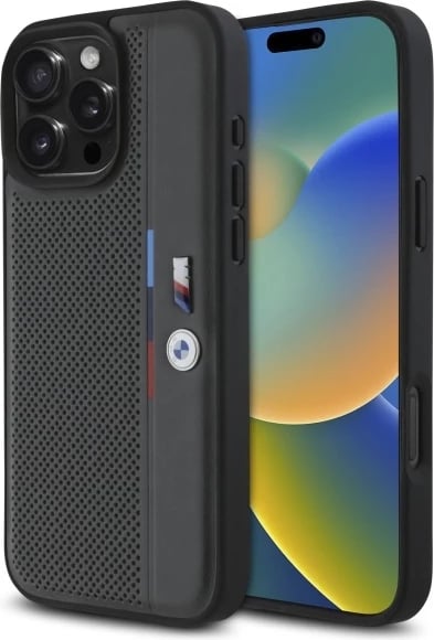 Mbështjellës BMW M Perforated Tricolor Detail Line për iPhone 16 Pro Max, Gri e errët