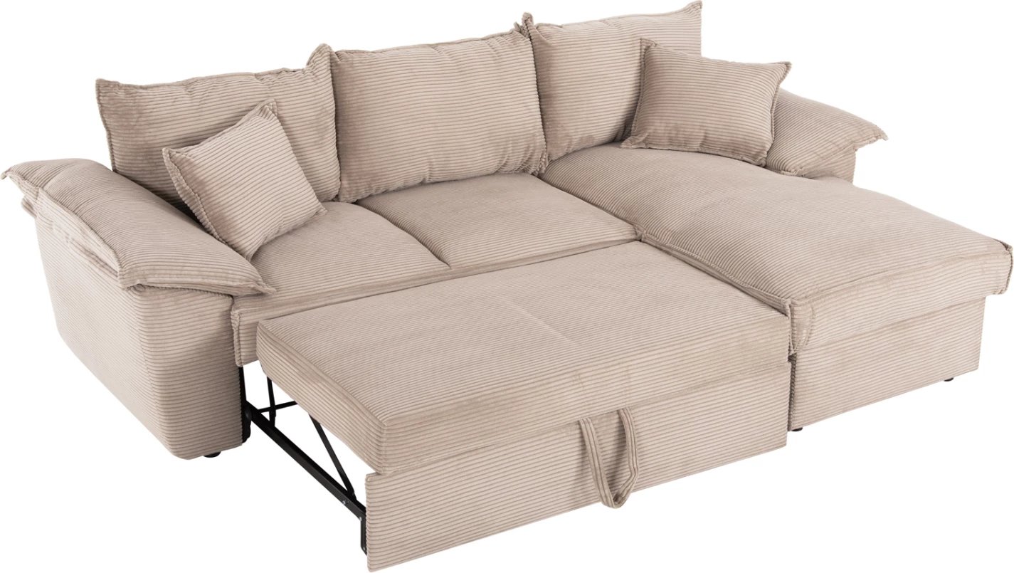 Divan qoshe me shtrat dhe hapësirë ruajtjeje ALDO FH3276.01R, pëlhurë bezhë, 256x91-159x87H cm