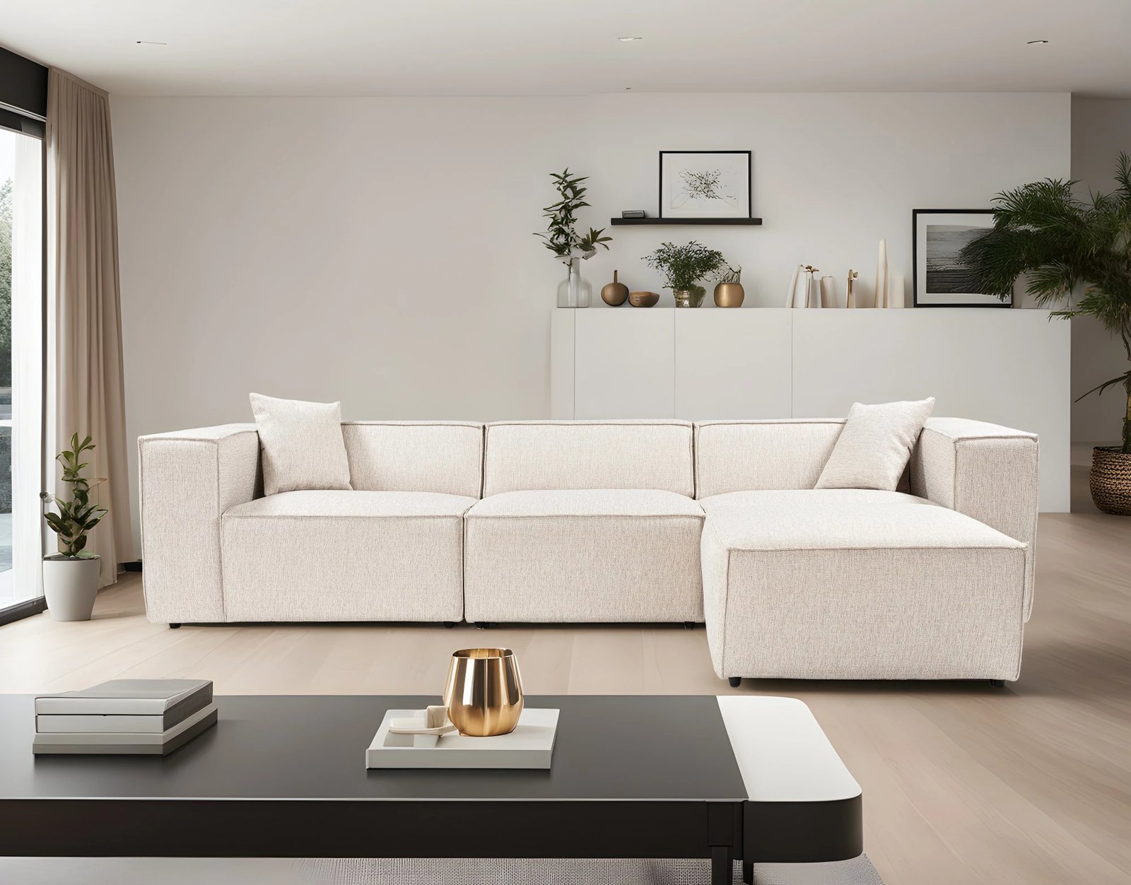 Këndare Lora, ngjyrë kafe e çelët, me pouffe, 4 pjesë