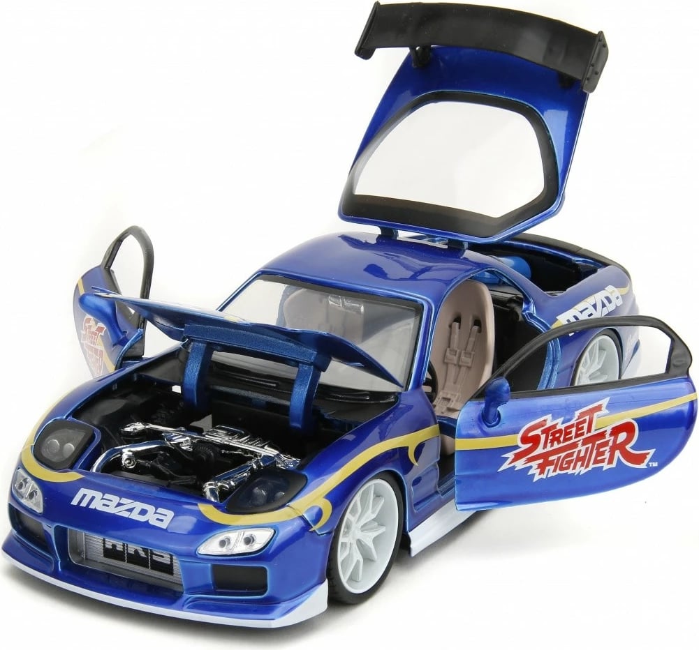 Model makine JADA TOYS Street Fighter 1993 Mazda RX7 1:24 me figurë Chun-Li, Blu, set