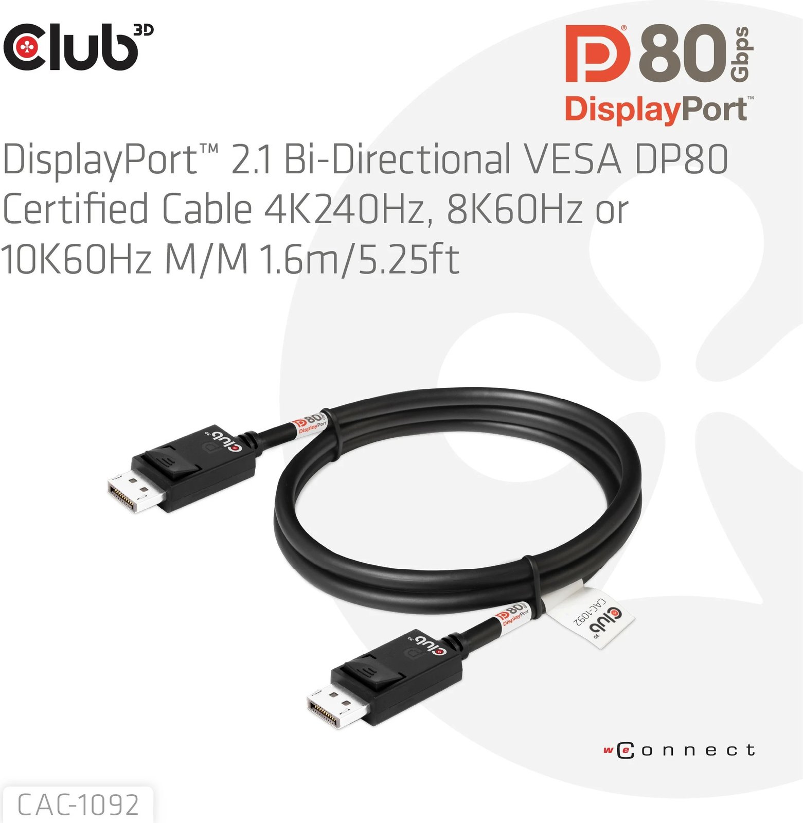 Kabllo DisplayPort Club3D DP-Kabel 2.1 DP80, 1.6m, e zezë