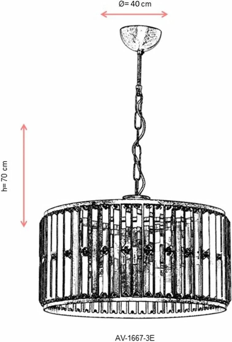 Llambë tavani Opviq, AV-1667-3E, ngjyrë antike, trup metalik, kapak kristali, 65x40cm