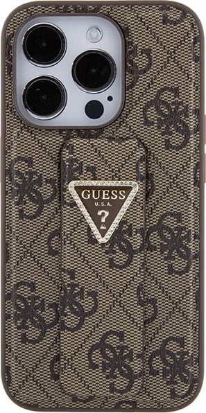 Mbështjellës Guess Grip Stand 4G Triangle Strass për iPhone 15 Pro Max, kafe