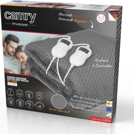 Nën-batanije elektrike me timer, Adler Camry CR 7417, dyshe 150x160 cm, 8 nivele ngrohjeje, 2x60W, lahet në 30°C, gri