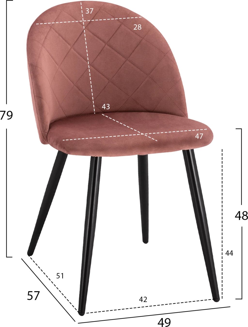 Karrige ODED me këmbë metalike të zeza & kadife ngjyrë molle të kalbur FH8731.12 49x57x79 cm, set prej 4 copash