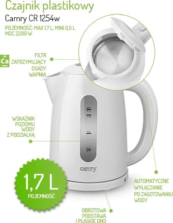 Çajnik elektrik, Camry, CR 1254, 1.7 L, i bardhë