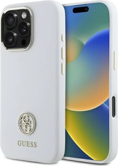 Mbështjellës Guess Silicone Logo Strass 4G për iPhone 16 Pro Max, Bardhë