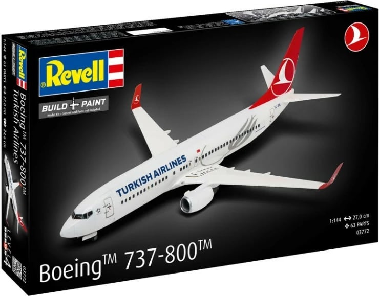 Komplet model plastik Revell Boeing 737-800 Turkish Airlines, 1:144, 63 pjesë, Bardhë/Kuqe