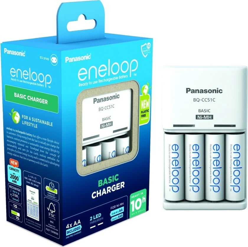 Set karikues bazik Panasonic Eneloop BQCC51 me 4 bateri AA të rikarikueshme 2000 mAh