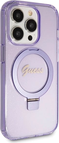 Mbështjellës Guess Ring Stand Script Glitter MagSafe për iPhone 14 Pro, vjollcë