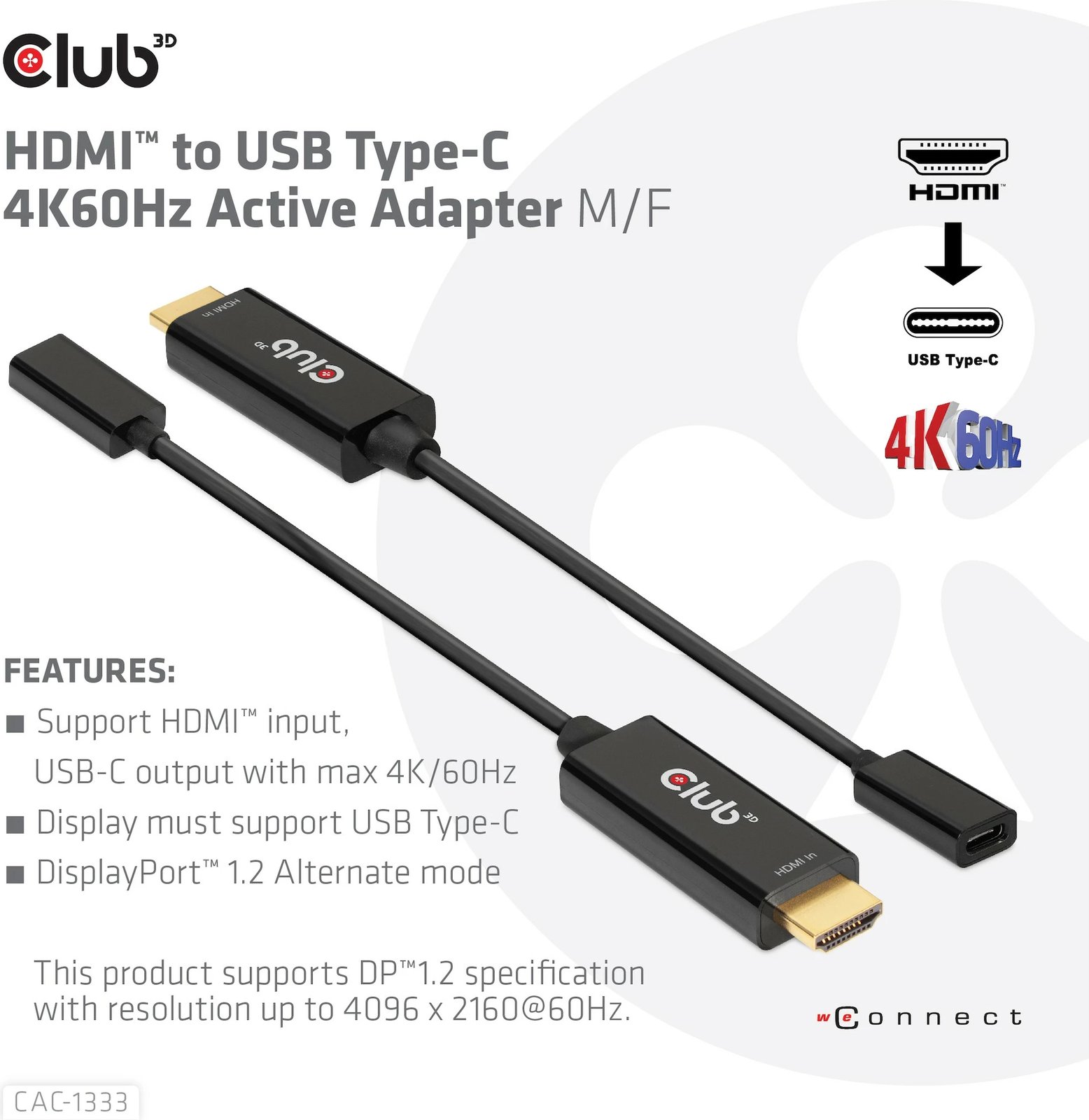 Adapter Club3D HDMI 2.0 në USB-C 4K60Hz, 0.22m, i zi