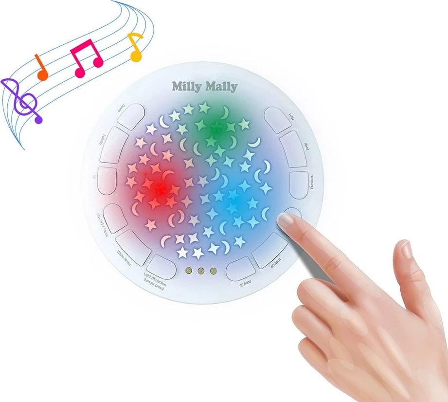 Lodër pellushi me projektor, Milly Mally, dele, 10 ninulla, 5 zhurma të bardha, 7 drita, timer 30/60/90 min, 5 nivele volumi, e bardhë