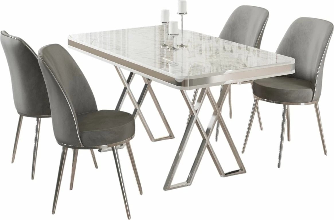 Tavolinë me karrige, 5 copë, Skye Decor, Vals, e bardhë, krom, gri