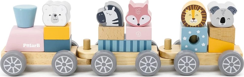 tren druri me kafshë, Viga PolarB, 3 vagona me blloqe, 33 cm, për 18+ muaj, multingjyrësh, set