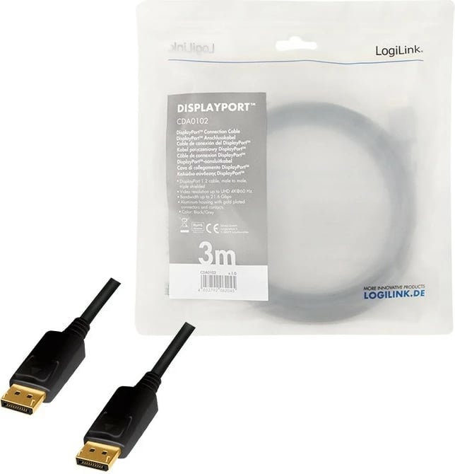 Kabllo DisplayPort LogiLink CDA0102, 3m, 4K/60 Hz, e zezë/gri