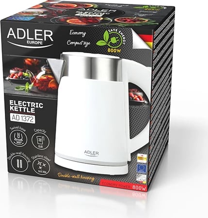 Çajnik elektrik, Adler, AD 1372, 0.6 L, 800 W, çelik inoksi, i bardhë