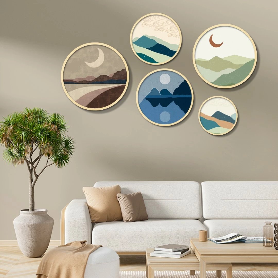 Set pikturash dekorative të rrumbullakëta, MDF me kornizë, shumëngjyrëshe, 5 copë, Wallity Yats-23