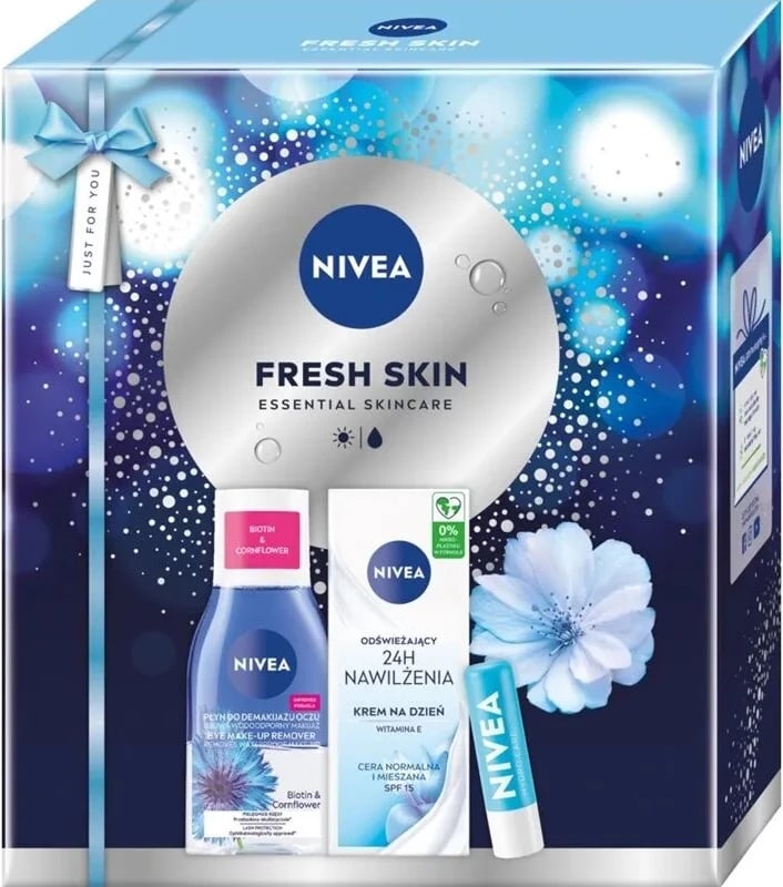Set kozmetik për femra Nivea Fresh Skin Refreshing Day Cream 50ml + Bi-phase Eye Makeup Remover 125ml + Nourishing Lip Balm 4.8g
