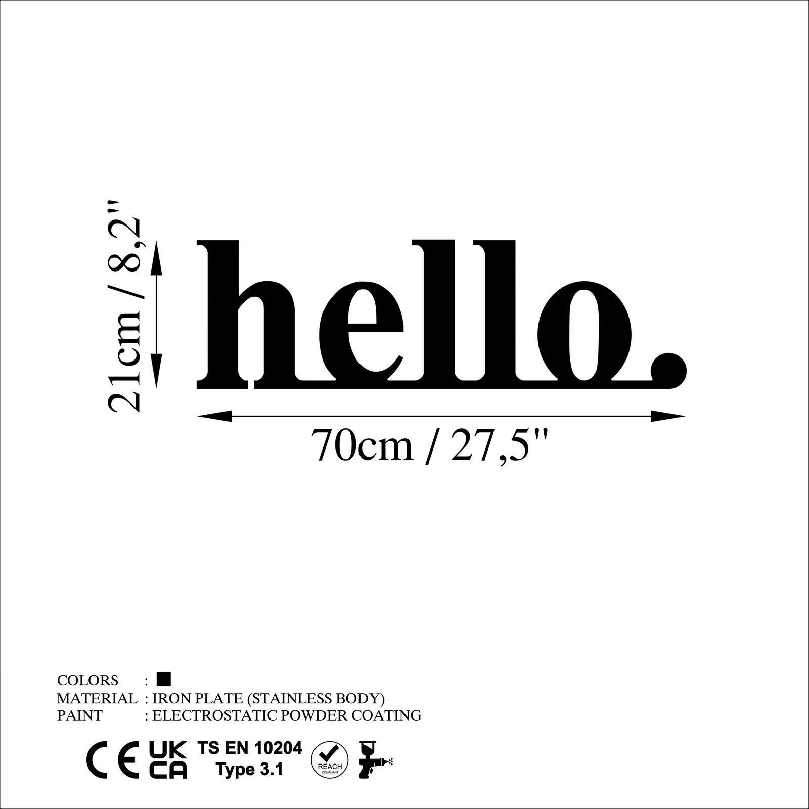 Aksesor dekorativ metalik për mur, Wallity, 'hello', ngjyrë e zezë, 70x21cm